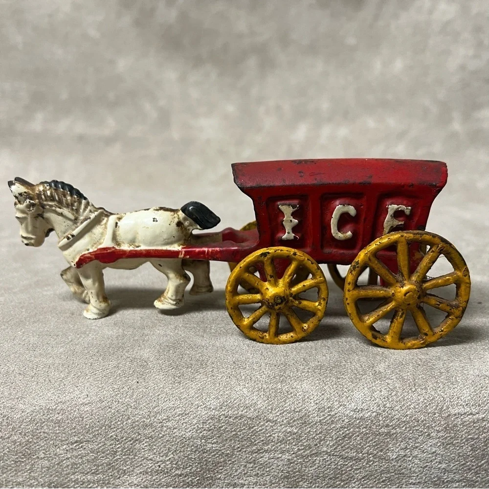Toy Antique Cast Iron Horse Drawn Ice Wagon Red White  7.5x2x3 Inches